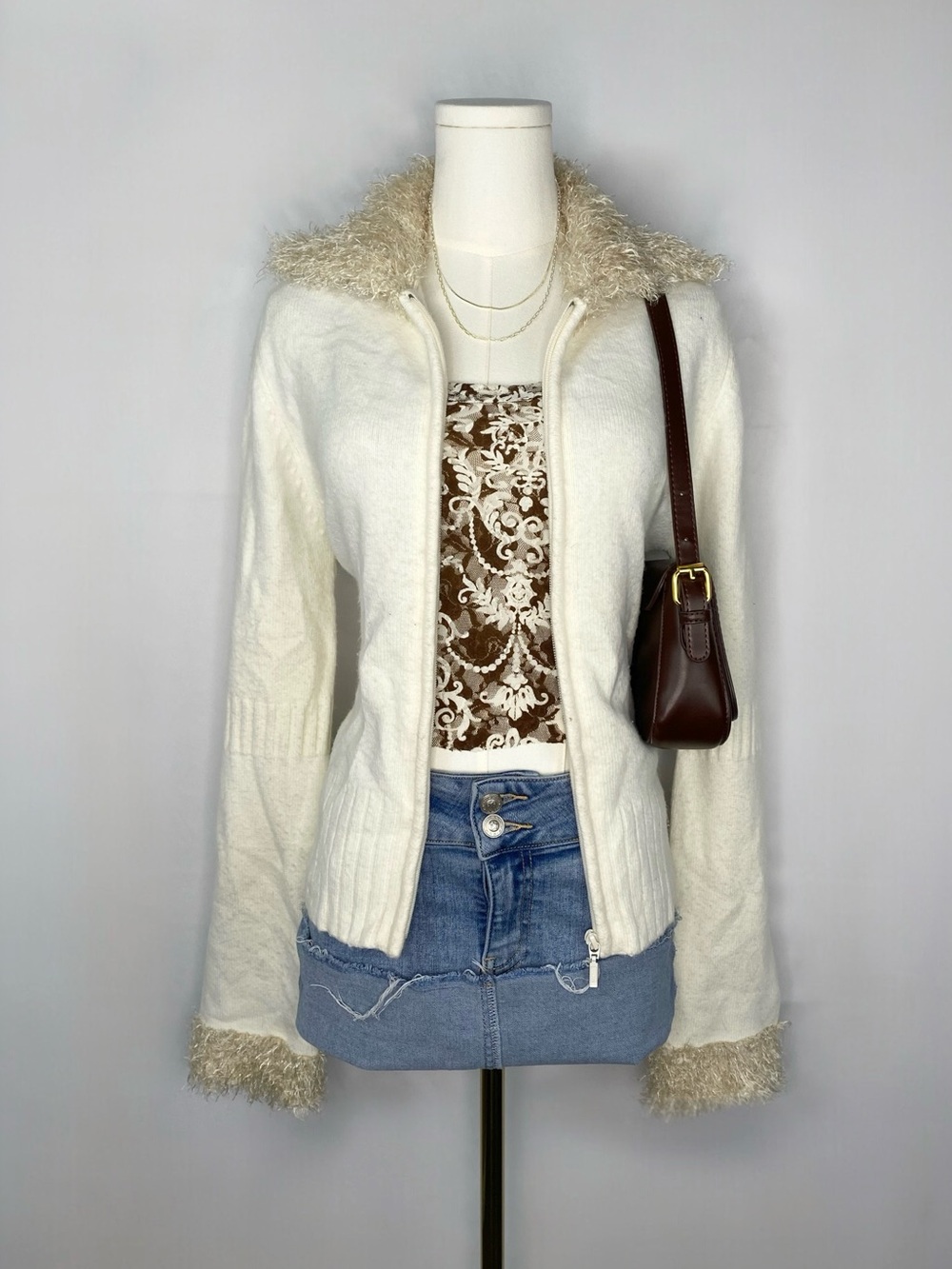 Y2K Q&A Faux Fur Zip Up Sweater Cardigan Cream 2000s Size Large